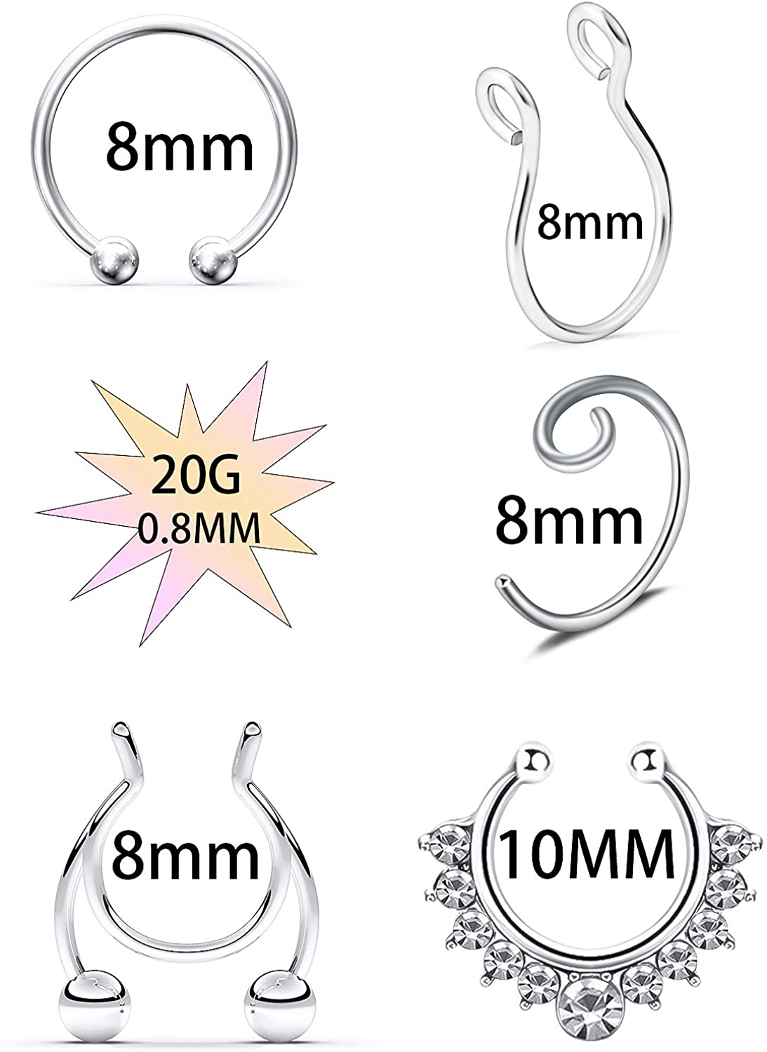 SCERRING Fake Septum Nose Hoop Rings Stainless Steel Faux Lip Ear Nose Septum Ring Non Piercing Clip On Nose Hoop Rings Body Piercing Jewelry 20PCS