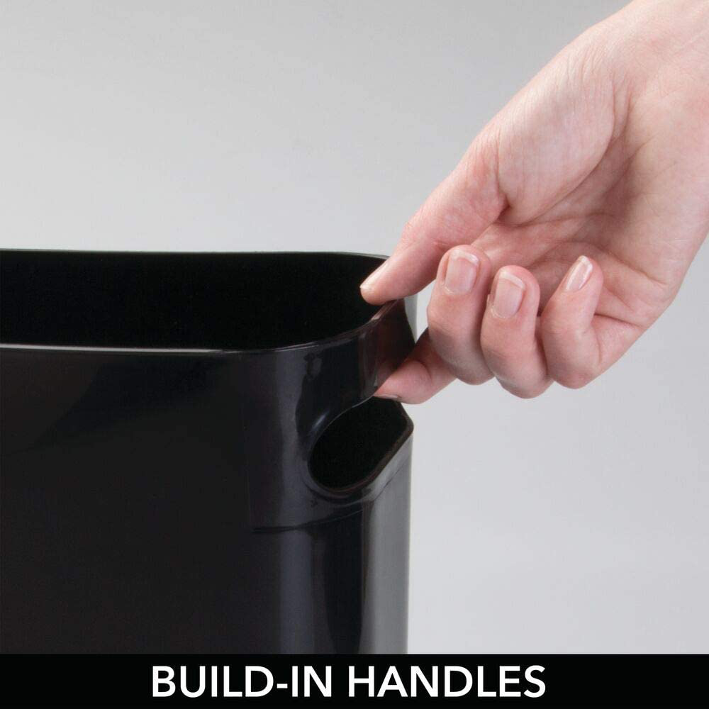 mDesign Slim Plastic Rectangular Small Trash Can Wastebasket, Garbage Container Bin with Handles for Bathroom, Kitchen, Home Office, Dorm, Kids Room - 10" High, Shatter-Resistant - Black