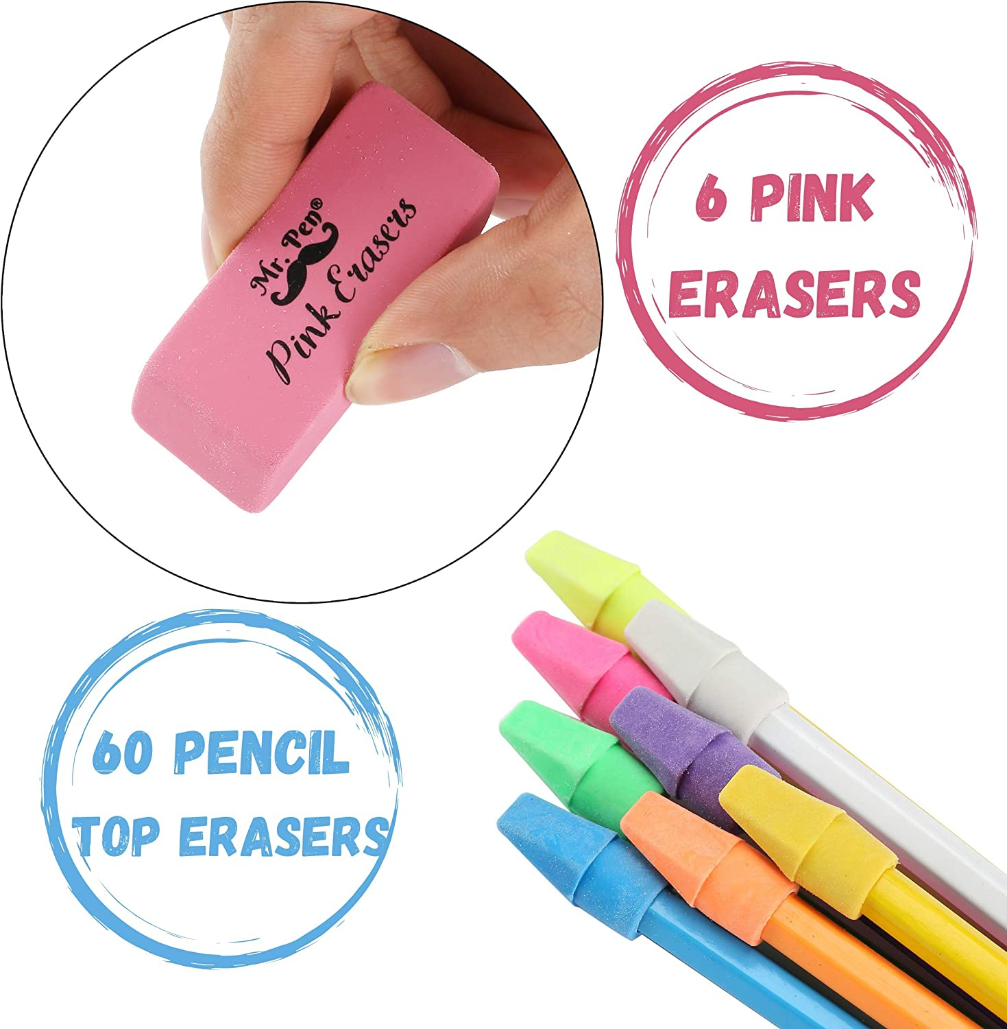 Mr. Pen- Pencil Erasers Set, 6Pc Pink Erasers and 60Pc Pencil Top Erasers, Pencil Eraser, Pencil Erasers Topper, Erasers for Pencils Top, Erasers for Kids, Pink Erasers, Cap Erasers, Eraser Tops