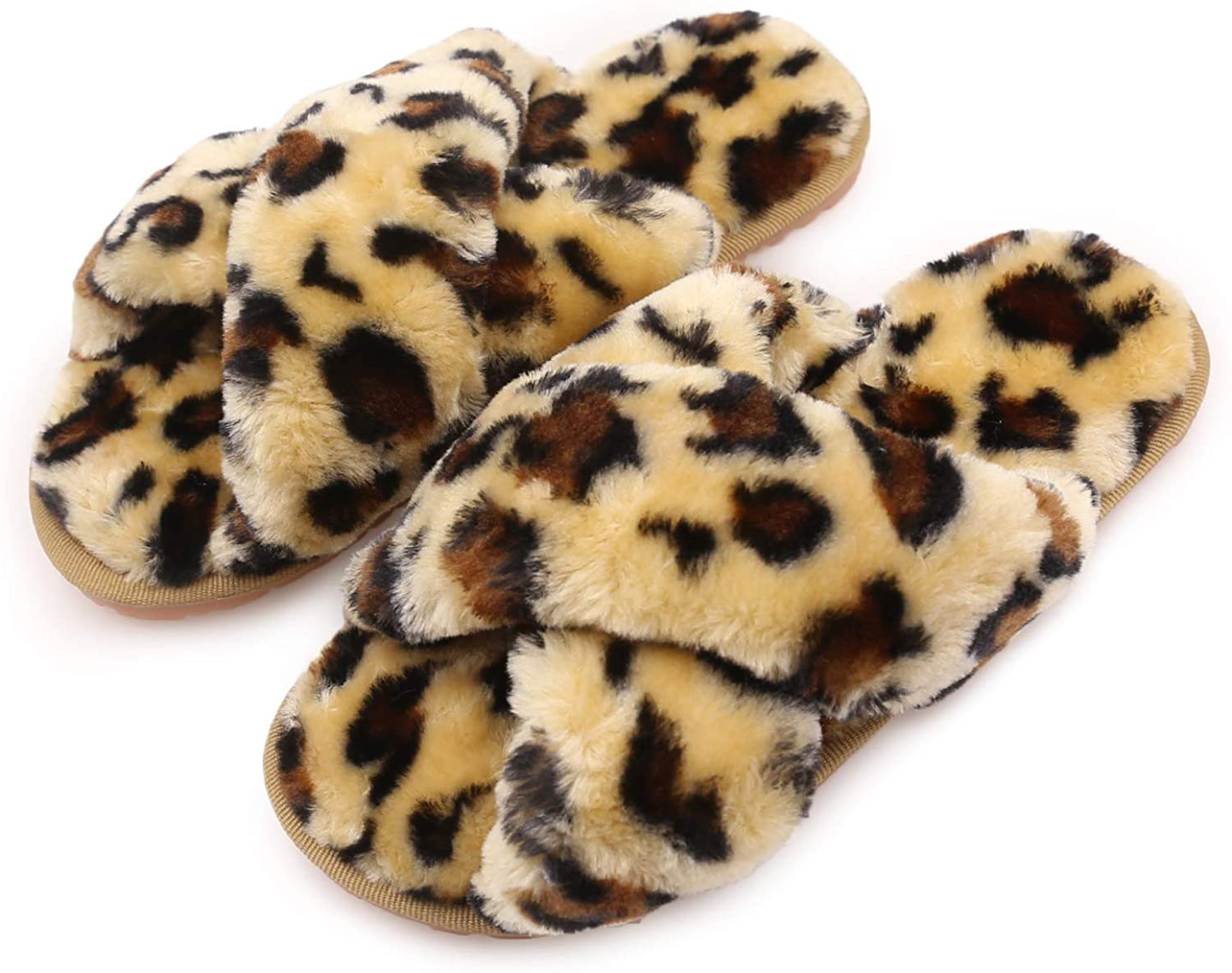 Womens House Fuzzy Slippers Leopard Cross Band Soft Plush Fluffy Slippers Furry Fleece Slip on Slippers Open Toe House Warm Bedroom Shoes Slides