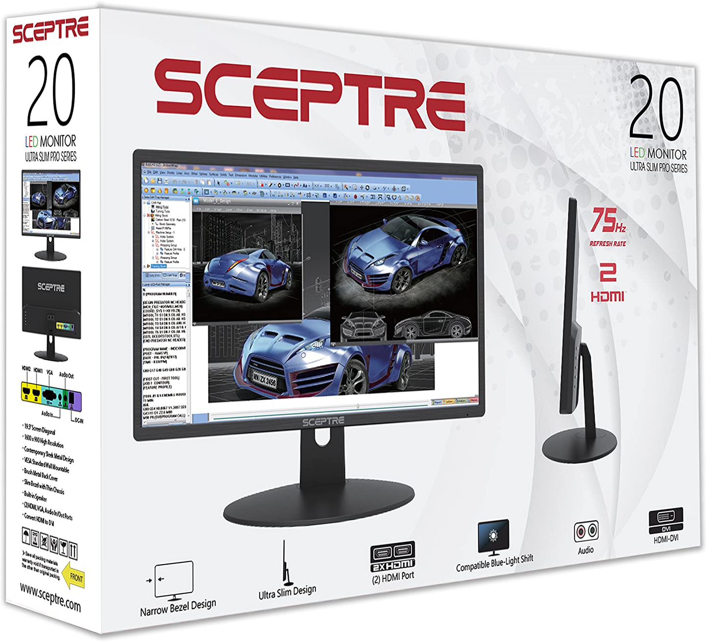 Sceptre 20" 1600X900 75Hz Ultra Thin LED Monitor 2X HDMI VGA Built-In Speakers, Machine Black Wide Viewing Angle 170° (Horizontal) / 160° (Vertical)
