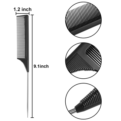 3 Packs Rat Tail Comb Steel Pin Rat Tail Carbon Fiber Heat Resistant Teasing Combs with Stainless Steel Pintail
