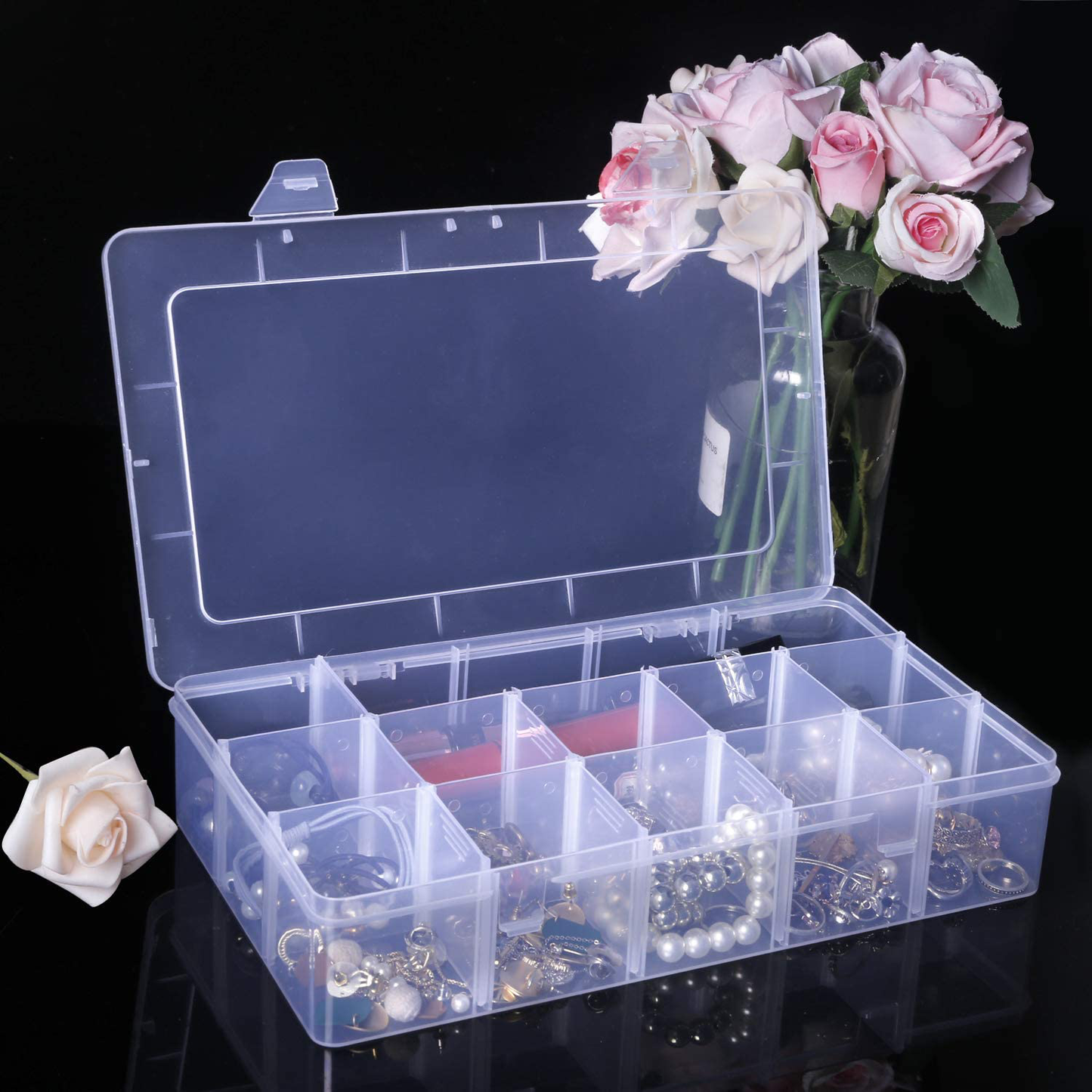 Large Grids Clear Plastic Jewelry Box Organizer Storage Container with Removable Dividers
