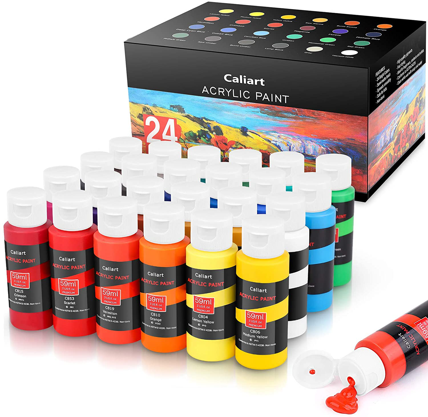 Acrylic Paint Set, Caliart 24 Vivid Colors (59ml, 2oz) Art Craft Paint Supplies for Canvas Wood Ceramic Rock Painting