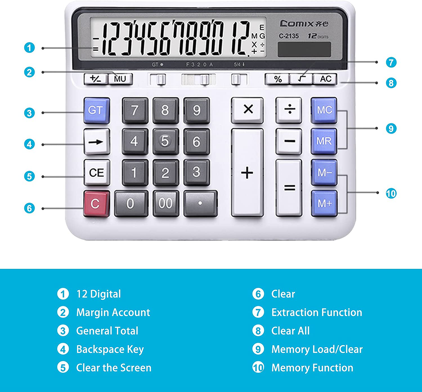Comix Desktop Calculator Solar Battery Dual Power with 12-Digit Large LCD Display and Large Computer Keys Office Calculator for Home Office School