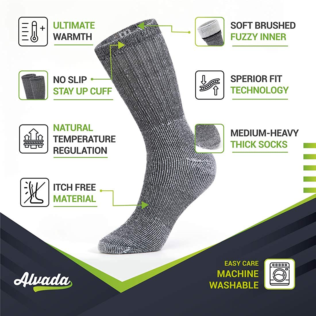 Alvada 80% Merino Wool Hiking Socks Thermal Warm Crew Winter Boot Sock for Men & Women 3 Pairs