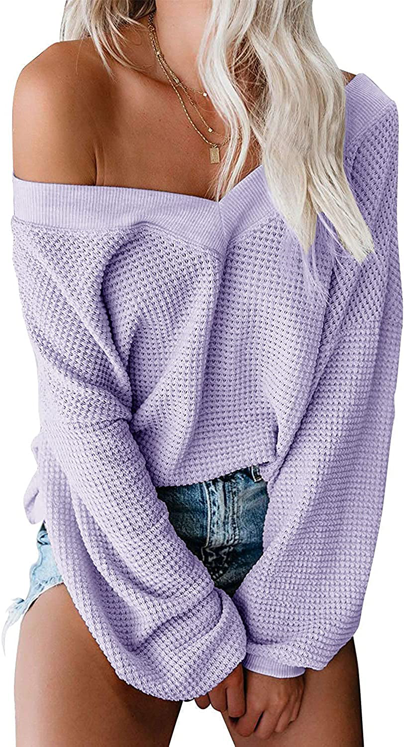 ReachMe Women's Oversized Off Shoulder Pullover Tops Long Sleeve Loose Fit Waffle Knit Tops