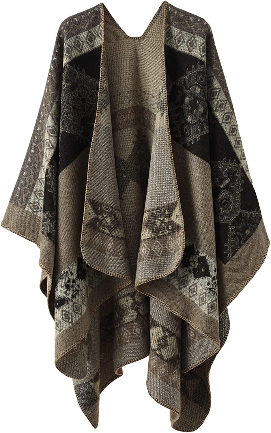 Bestshe Women's Stylish Open Front Poncho Cape Clock Block Oversize Knitted Shawl Wrap for Women