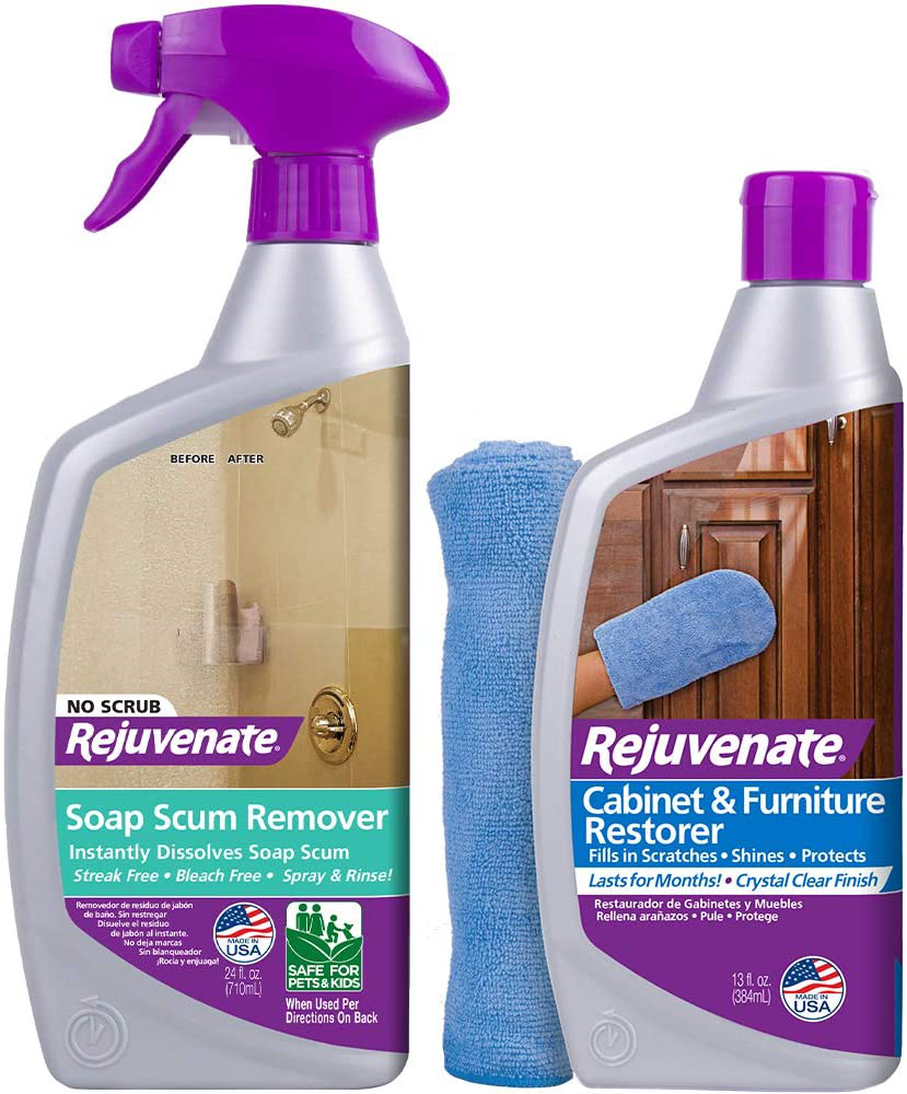 Rejuvenate Scrub Free Soap Scum Remover Shower Glass Door Cleaner Works on Ceramic Tile, Chrome, Plastic and More 24oz & Cabinet & Furniture Restorer Fills in Scratches Seals