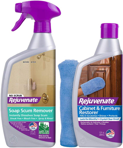 Rejuvenate Scrub Free Soap Scum Remover Shower Glass Door Cleaner Works on Ceramic Tile, Chrome, Plastic and More 24oz & Cabinet & Furniture Restorer Fills in Scratches Seals