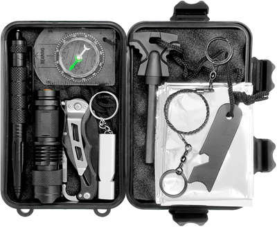 10 in 1 Emergency Tactical Gear Survival Kit Knife Blanket Compass Fire Starter Flashlight Saw Outdoor Camping Hiking Hunting Adventure Sport Supplies