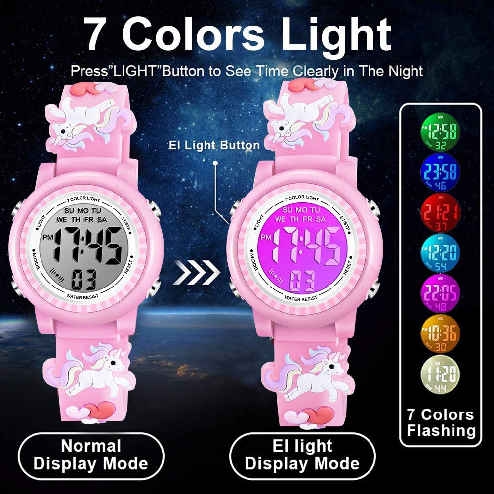 Venhoo Kids Watches 3D Cartoon Waterproof 7 Color Lights Toddler Wrist Digital Watch with Alarm Stopwatch for 3-10 Year Girls Little Child