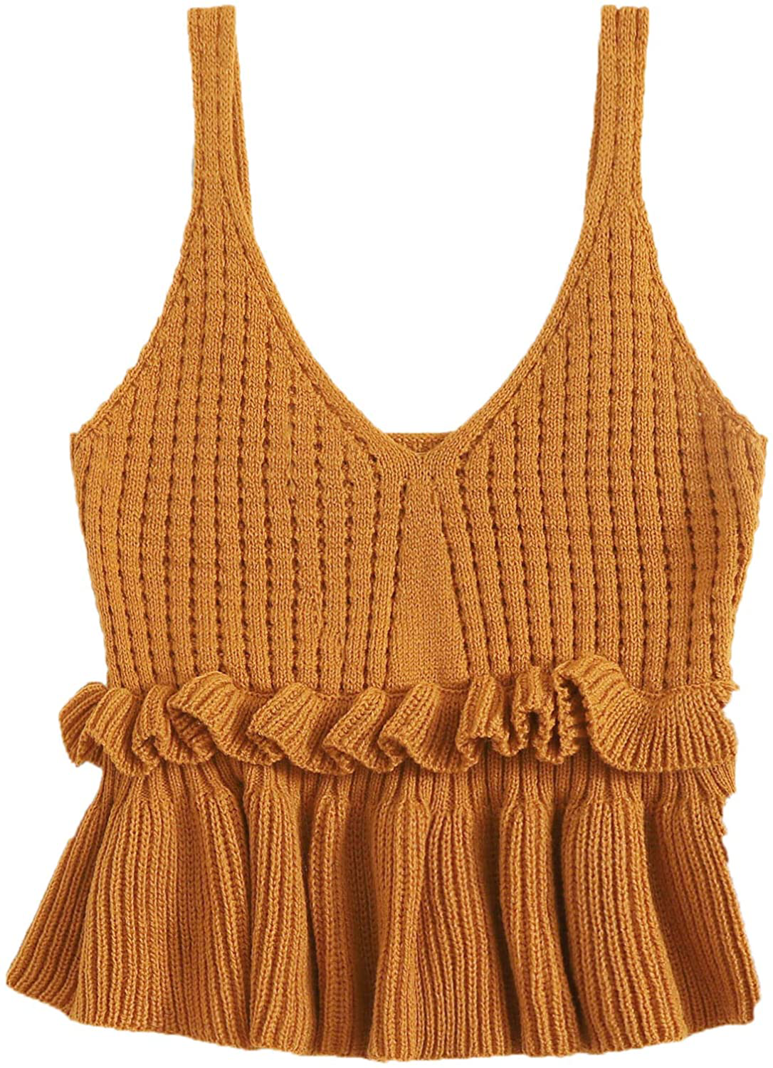SweatyRocks Women's Casual Knit Top Sleeveless Ruffle Hem V Neck Peplum Crop Tank Top