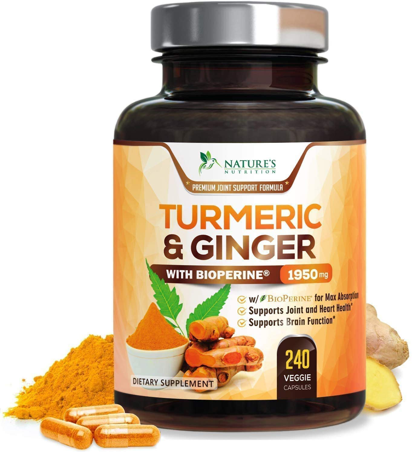 Turmeric Curcumin with BioPerine & Ginger 95% Curcuminoids 1950mg - Black Pepper for Absorption, Made in USA, Natural Immune Support, Turmeric Ginger Supplement by Natures Nutrition