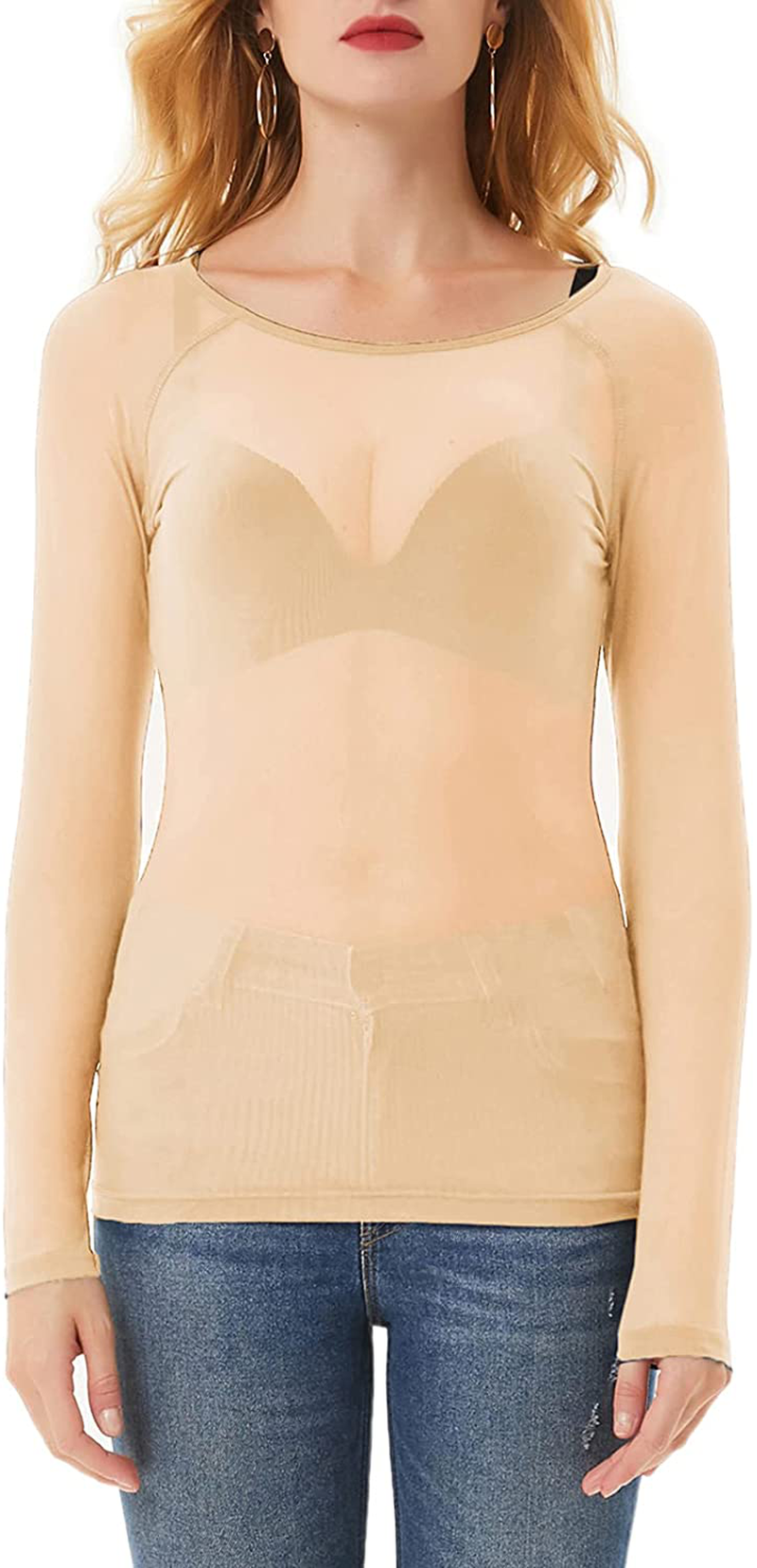 GRACE KARIN Women's Long Sleeve See Through Mesh Sheer Top Blouse Shirt