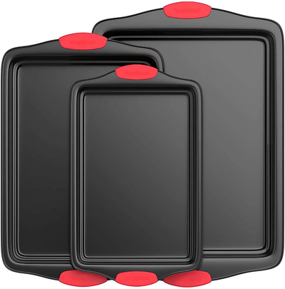 Nutrichef 10-Piece Carbon Steel Nonstick Bakeware Baking Tray Set w/Heat Red Silicone Handles, Oven Safe, Cookie Sheet