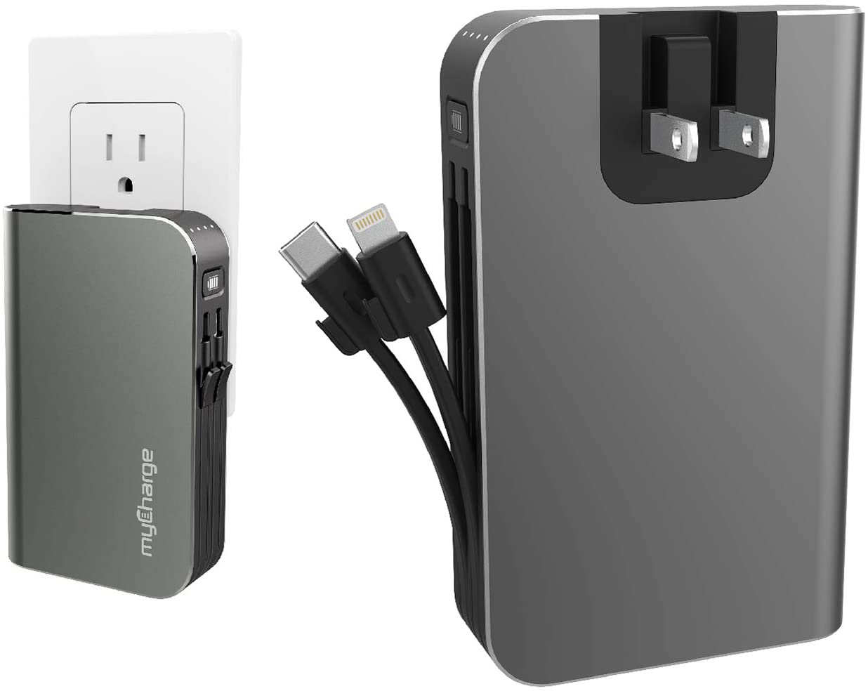 myCharge Portable Charger for iPhone Built in Cable USB C Power Bank Fast Charging Hub Turbo 18W / 10050mAh (Lightning, Type C) Wall Plug External Battery Pack Backup for Apple, Android, 55 Hrs