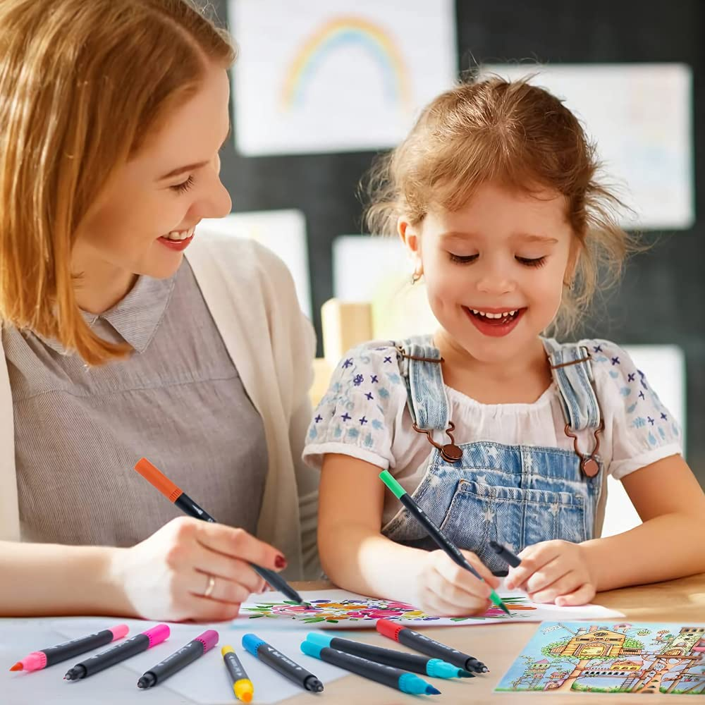 Dual Brush Markers for Adult Coloring Books, 24 Colored Marker Set for Kids - Dual Tip Art Marker Pens Fine & Brush Tip for School Office Journal, Note Taking, Drawing