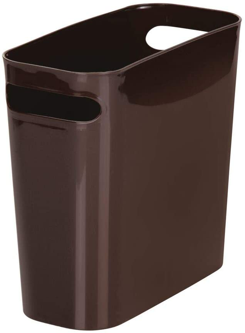 mDesign Slim Plastic Rectangular Small Trash Can Wastebasket, Garbage Container Bin with Handles for Bathroom, Kitchen, Home Office, Dorm, Kids Room - 10" High, Shatter-Resistant - Black