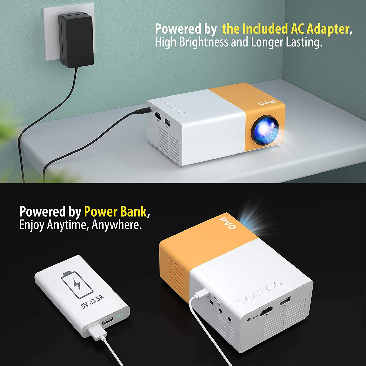 Mini Projector, PVO Portable Projector for Cartoon, Kids Gift, Outdoor Movie Projector, LED Pico Video Projector for Home Theater Movie Projector with HDMI USB TV AV Interfaces and Remote Control