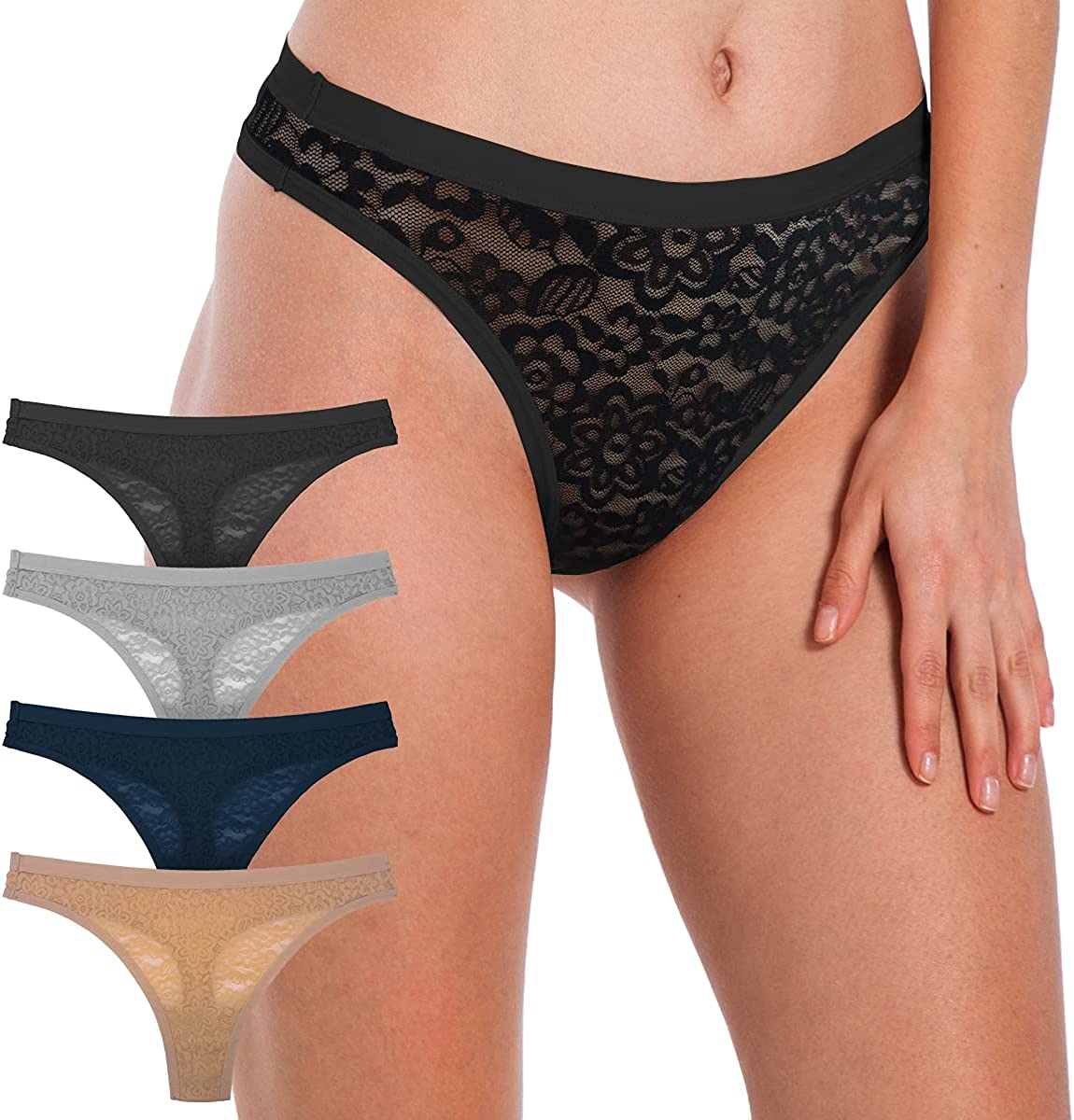 Women'S Sexy Lace Cotton Thongs Low Waist Underwear Soft Seamless Panties 6-Pack
