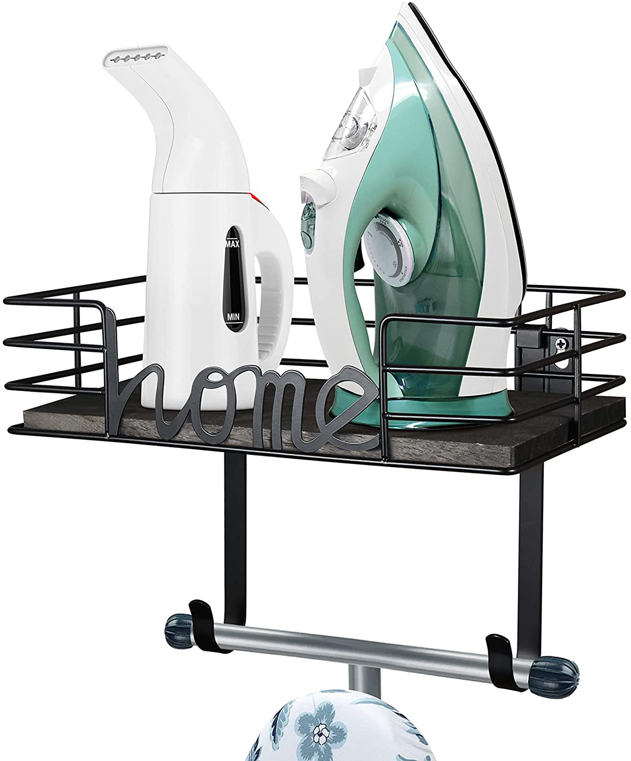 TJ.MOREE Laundry Room Decor-Ironing Board Hanger- Metal Wall Mount Iron and Ironing Board Holder, Laundry Room Organization and Storage with Large Storage Black Wooden Base Basket and Removable Hooks