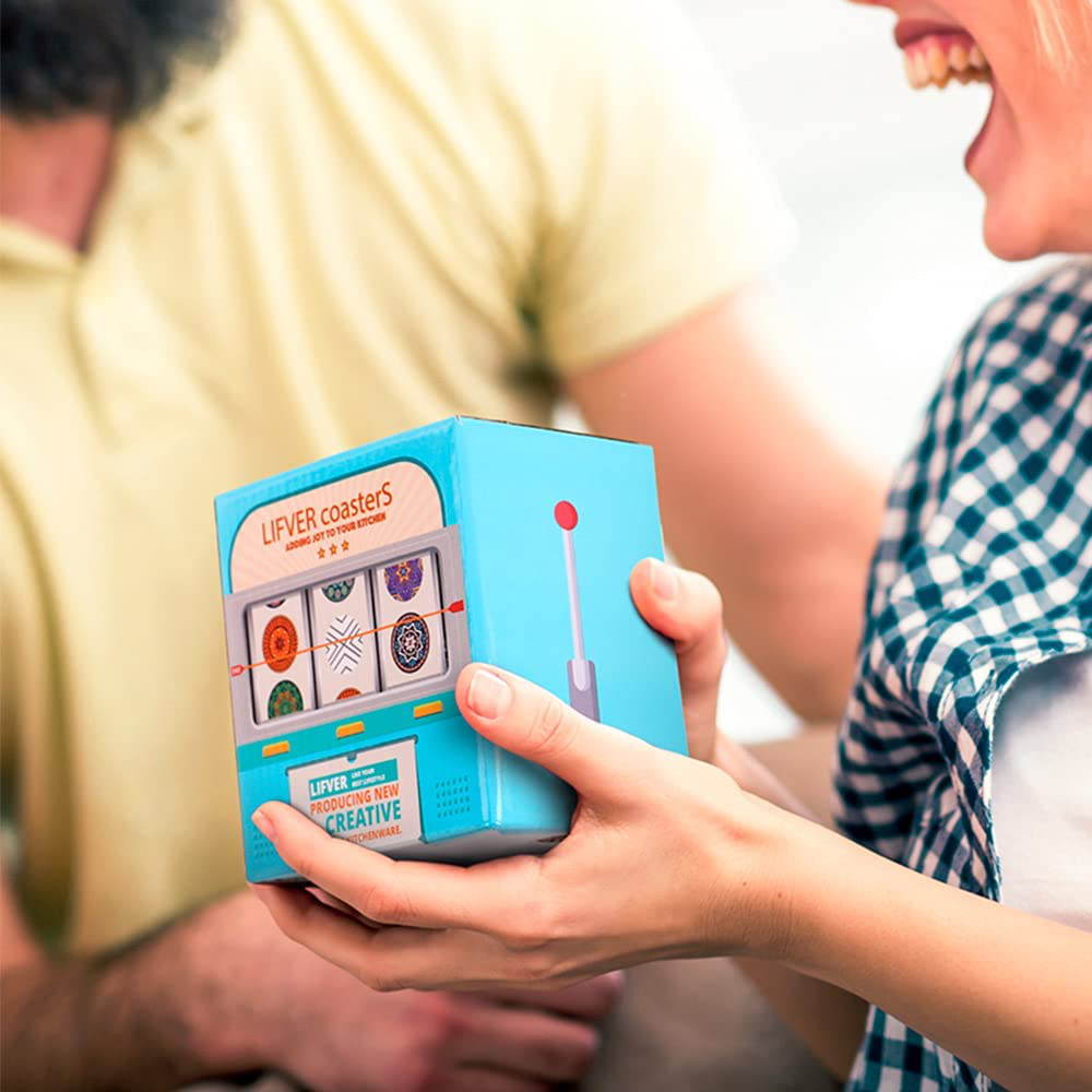 LIFVER Funny Coasters for Drinks with Holder, Set of 8 Marble Style Absorbent Drink Coasters with Cork Base, Bar Coaster with 4 Sayings, for Tabletop Protection, 4 inch