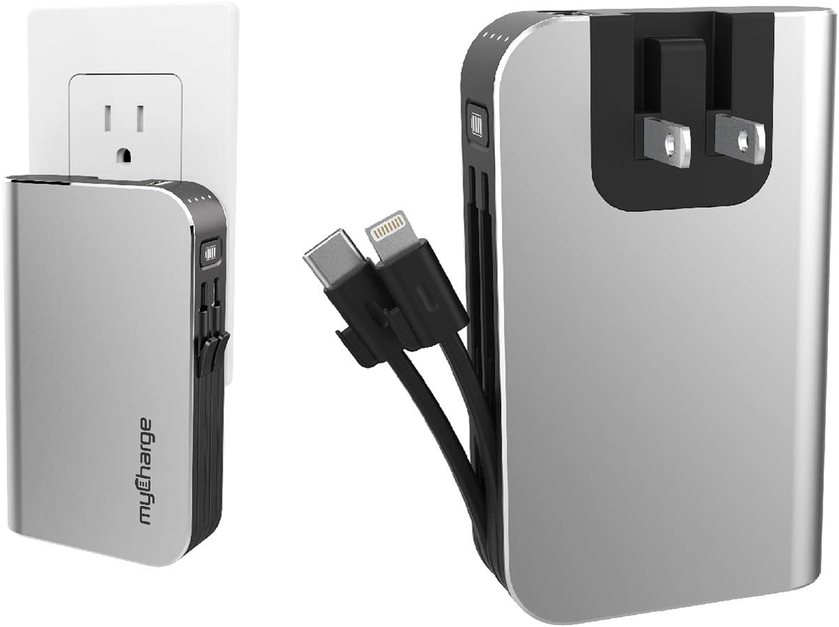 myCharge Portable Charger for iPhone Built in Cable USB C Power Bank Fast Charging Hub Turbo 18W / 10050mAh (Lightning, Type C) Wall Plug External Battery Pack Backup for Apple, Android, 55 Hrs