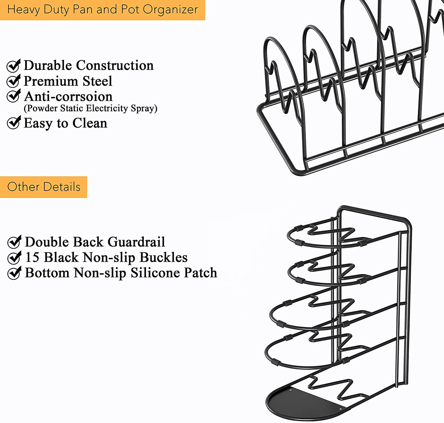 Heavy Duty Pan Organizer Rack for Cabinet, Pot Lid Holder, Kitchen Organization & Storage for Cast Iron Skillet, Bakeware, Cutting Board - No Assembly Required
