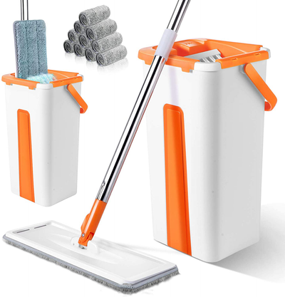 Flat Floor Mop and Bucket Set with 10 PCS Microfiber Mop Pads,Self Cleaning Squeeze Mop and Bucket System with Extended Stainless Steel Handle for Floor Cleaning