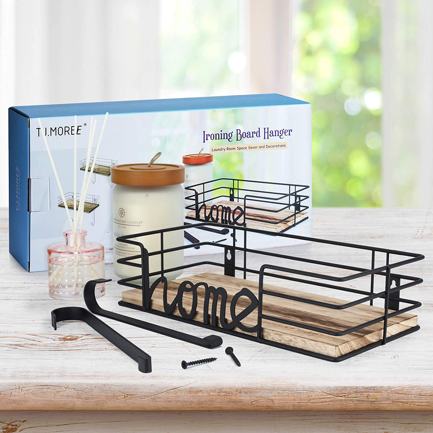 TJ.MOREE Laundry Room Decor-Ironing Board Hanger- Metal Wall Mount Iron and Ironing Board Holder, Laundry Room Organization and Storage with Large Storage Black Wooden Base Basket and Removable Hooks