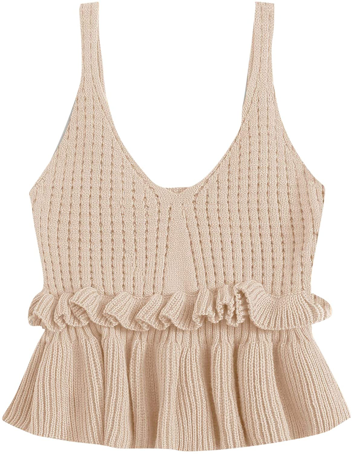 SweatyRocks Women's Casual Knit Top Sleeveless Ruffle Hem V Neck Peplum Crop Tank Top