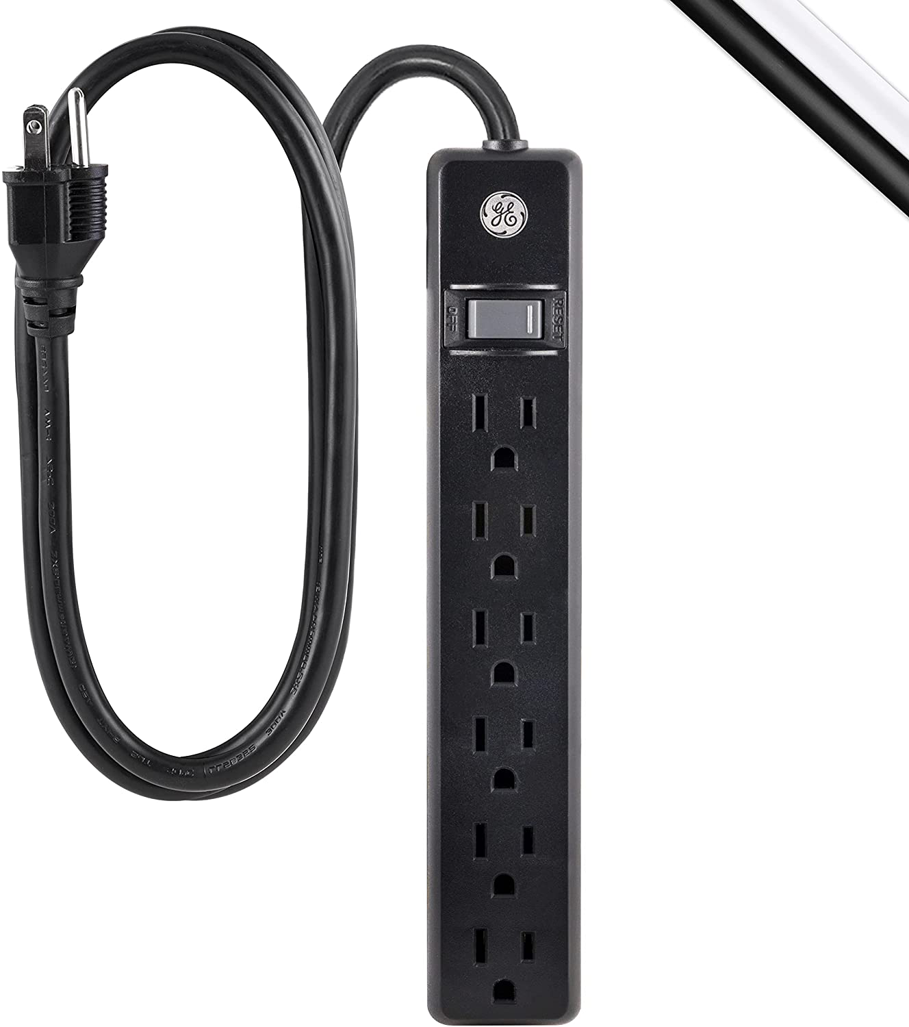 GE, White, 6 Outlet 2 Pack, 2 Ft Cord, Switched Power Strip, Integrated Circuit Breaker, Overload Protection, Wall Mountable, 3 Prong, UL Listed, 14833, Count