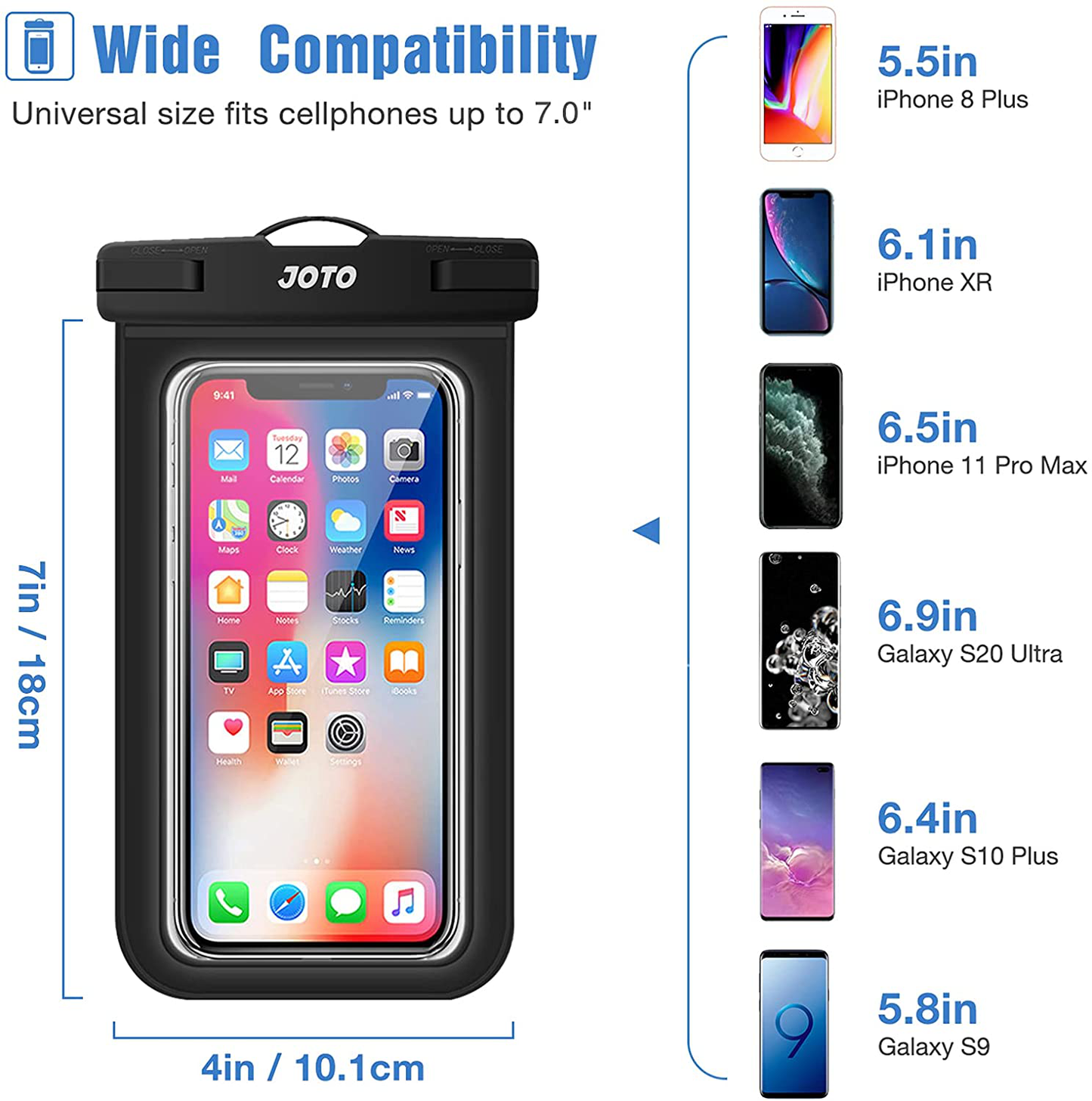JOTO Universal Waterproof Pouch, IPX8 Waterproof Cellphone Dry Bag Underwater Case for iPhone 12 Pro Max 11 Pro Max Xs Max XR X 8 7 6S, Galaxy S20 Ultra S10 Note10 9 up to 7" -2 Pack