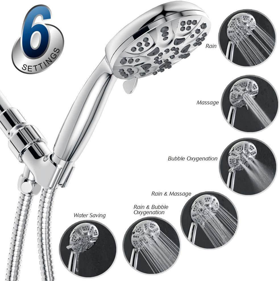 6 Functions Handheld Shower Head Set Hopopro High Pressure Shower Head High Flow Hand Held Showerhead Set with 59 Inch Hose Bracket Teflon Tape Rubber Washers