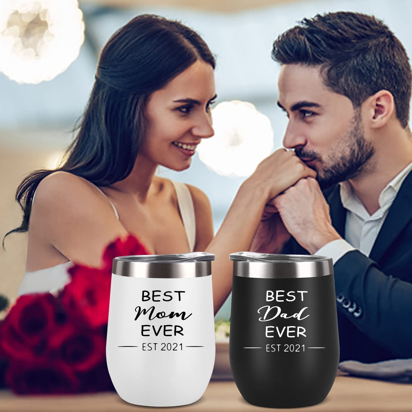 New Parents Gifts, Best Dad and Mom Ever Est 2021 Tumbler Set, New Mom and Dad Parents Baby Shower New Pregnancy Gift, Insulated Stainless Steel Wine Tumbler with Lid Straw(12Oz, Black and White)