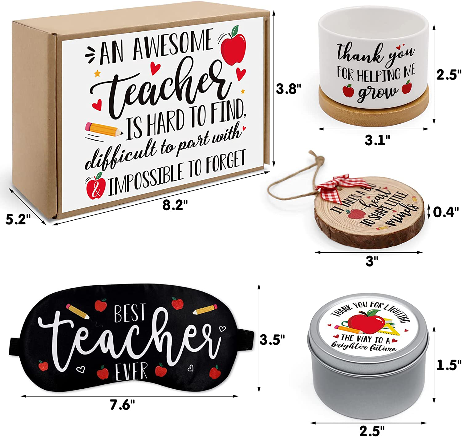 Teacher Appreciation Gift Basket Birthday Christmas Gift Box for Master Tutor Mr. Mrs with Holiday Ornament Patch Succulent Plant Pot Greeting Card Apple Candle Present Idea from Student Set of 4
