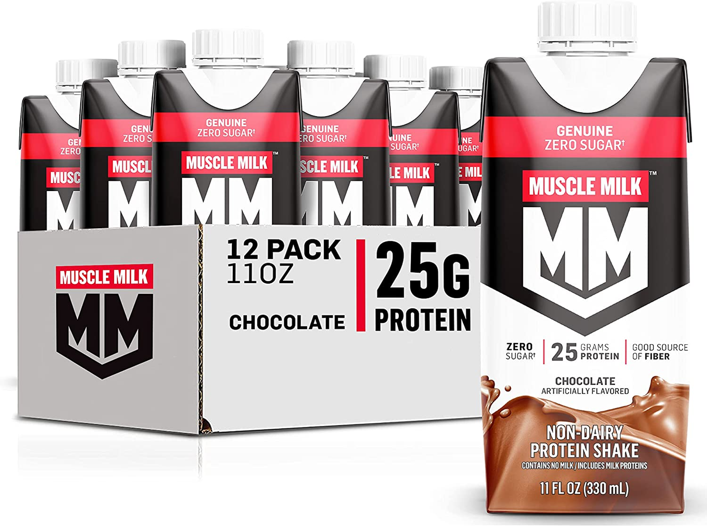 Muscle Milk Genuine Protein Shake, Chocolate, 11 Fl Oz Carton, 12 Pack, 25G Protein, Zero Sugar, Calcium, Vitamins A, C & D, 5G Fiber, Energizing Snack, Workout Recovery, Packaging May Vary