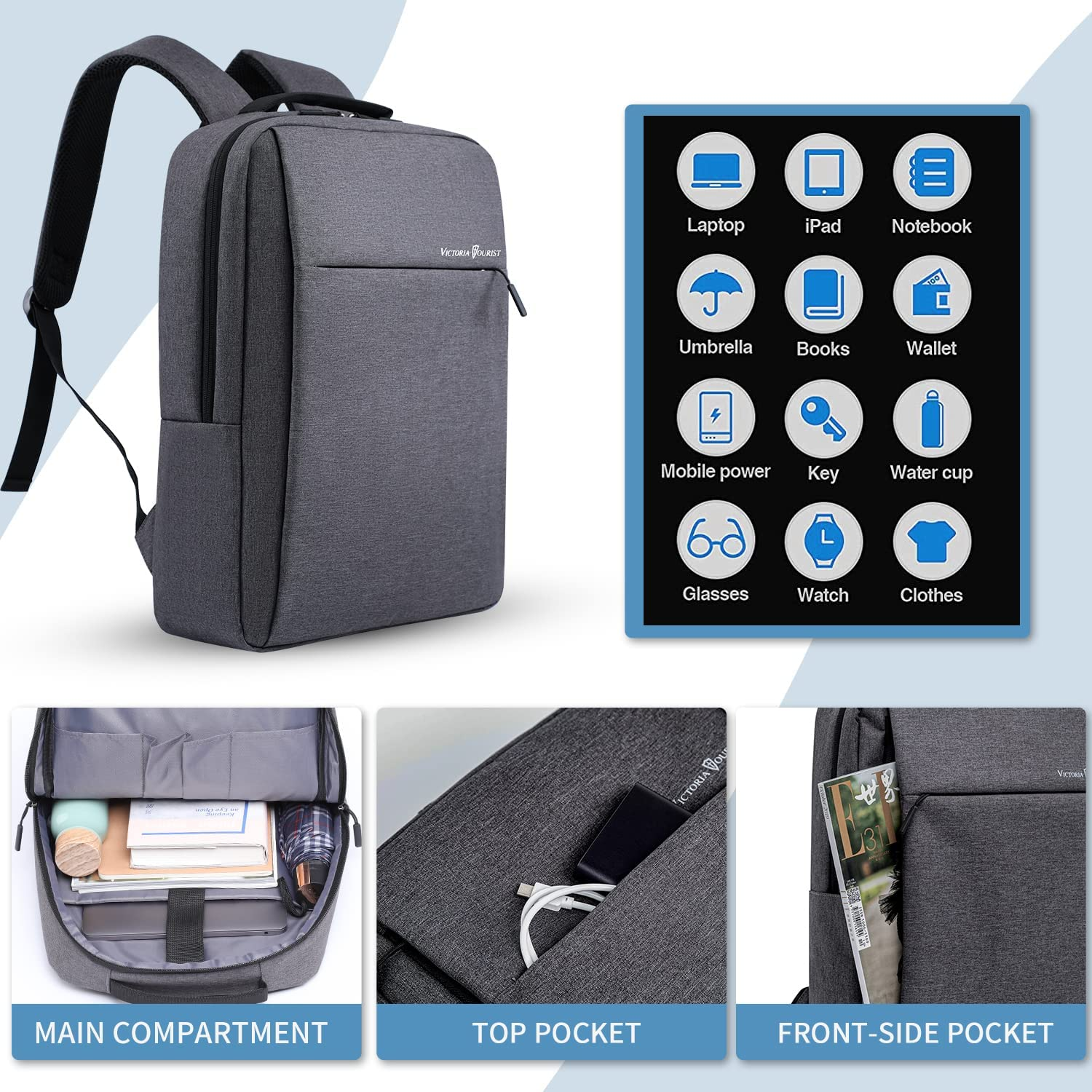 Laptop Backpack 15.6 Inch, Business Slim Durable Laptops Travel Backpacks with USB Charging Port, College School Computer Bag Gifts for Men and Women Fits Notebook (Grey)