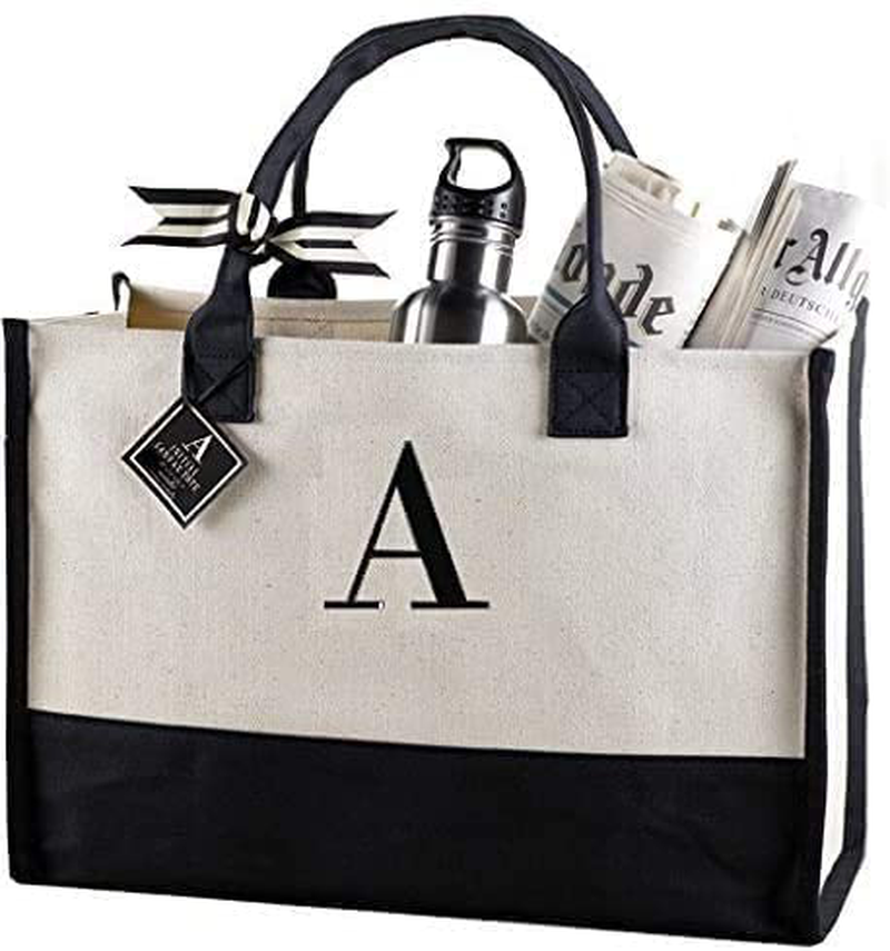Mud Pie Classic Black and White Initial Canvas Tote Bags (A),100% Cotton, 17" x 19" x 2"