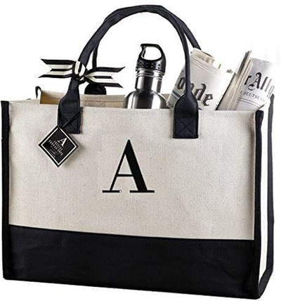 Mud Pie Classic Black and White Initial Canvas Tote Bags (A),100% Cotton, 17" x 19" x 2"