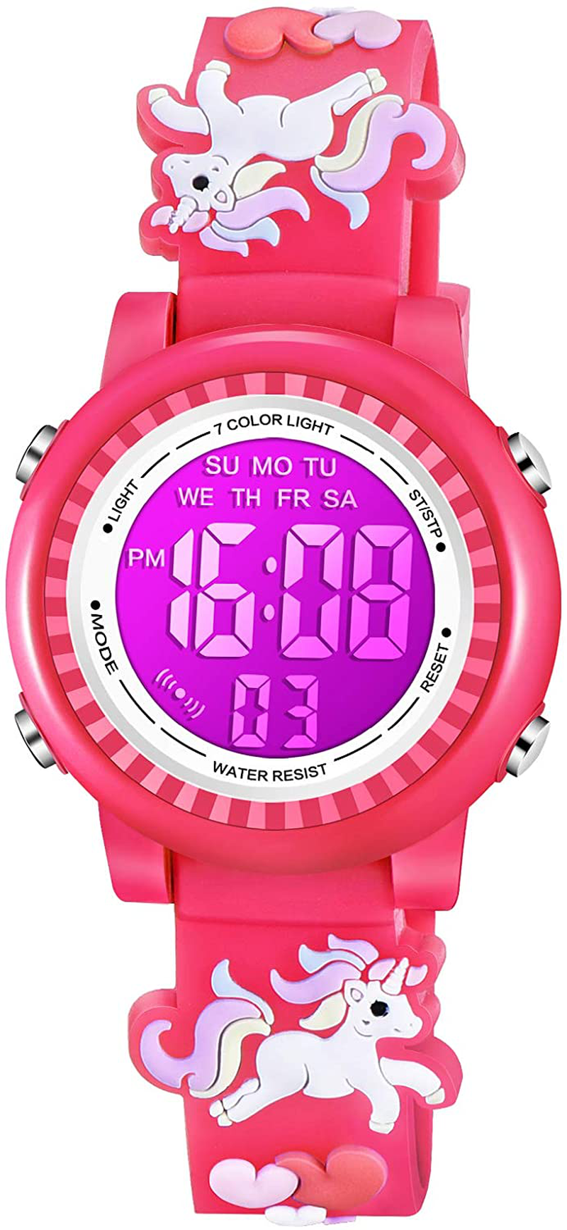 Venhoo Kids Watches 3D Cartoon Waterproof 7 Color Lights Toddler Wrist Digital Watch with Alarm Stopwatch for 3-10 Year Girls Little Child