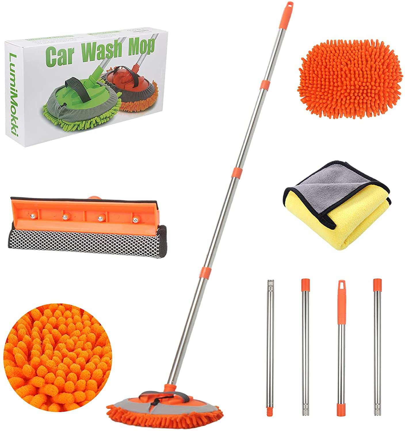 62" Car Wash Mop Kit, Car Wash Brush with Long Handle Stainless Steel Pole, Car Wash Kit Car Detailing Kit Car Wash Mop Mitt Car Cleaning Supplies Kit for RV Cars SUV Trucks and Bus (Green)