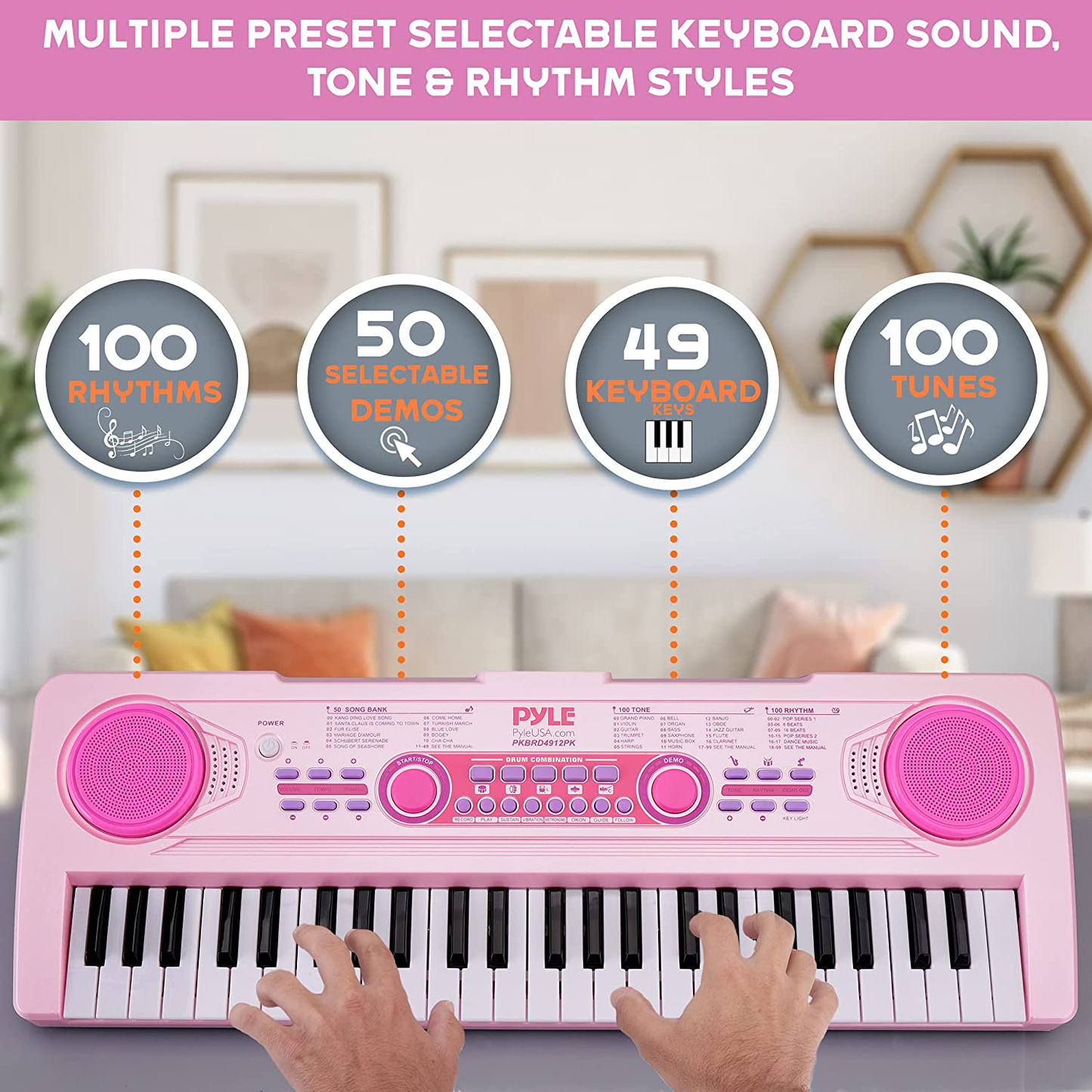 Pyle, Electric Keyboard 49 Keys-Portable Digital Musical Karaoke Piano Keyboard-100 Tunes/Rhythms, 50 Demos, Rechargeable Battery-Wired Microphone-Beginners Kids