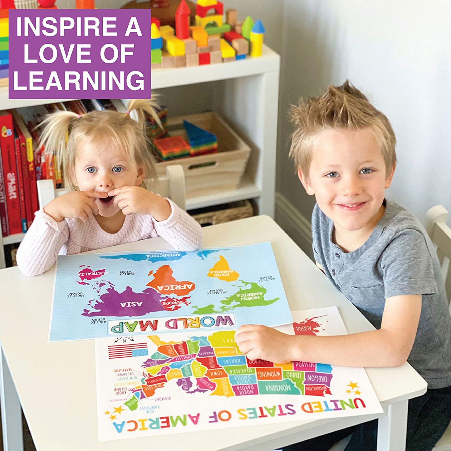 4 Alphabet, Map of United States, World Map, Solar System, ABC Posters Toddlers Wall Art Decor, Planets For Kid Chart, US Travel Map Laminated Kindergarten Classroom Prek Homeschool Supplies 11x17"