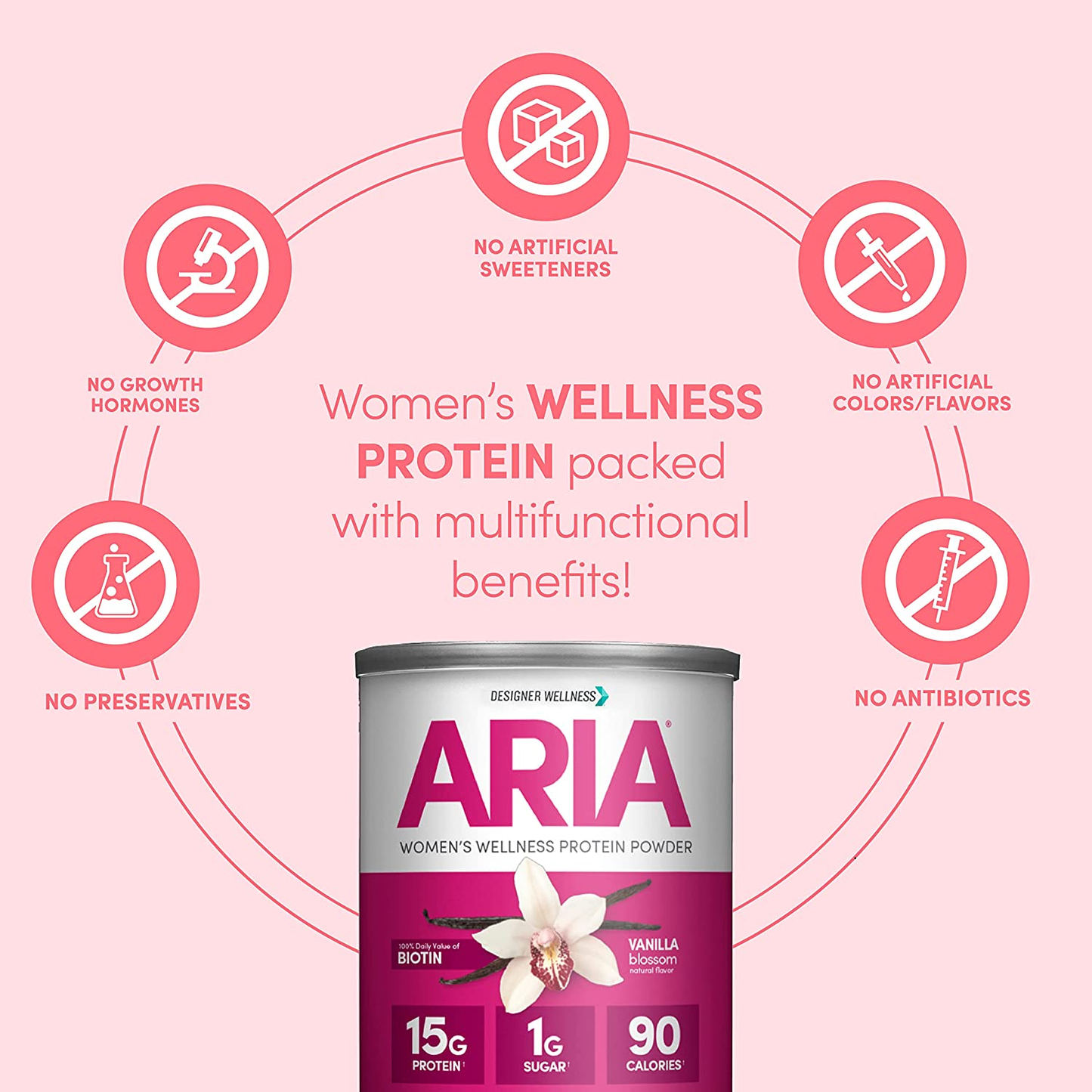 Designer Wellness, Aria, Women'S Wellness Low Calorie Protein Powder with Biotin, Vitamin C and Organic Aloe, Vanilla, 12 Oz