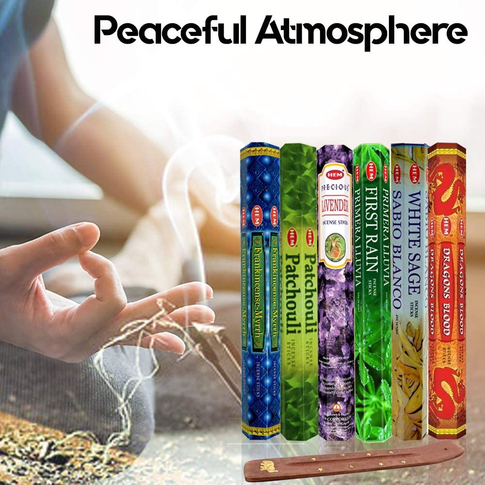 Six Most Popular Hem Incense Scents of All Time, 120 Sticks Total, with Free Burner - 20 Sticks Each of Dragon S Blood, Frankincense & Myrrh, Patchouli, Precious Lavender, First Rain, and White Sage