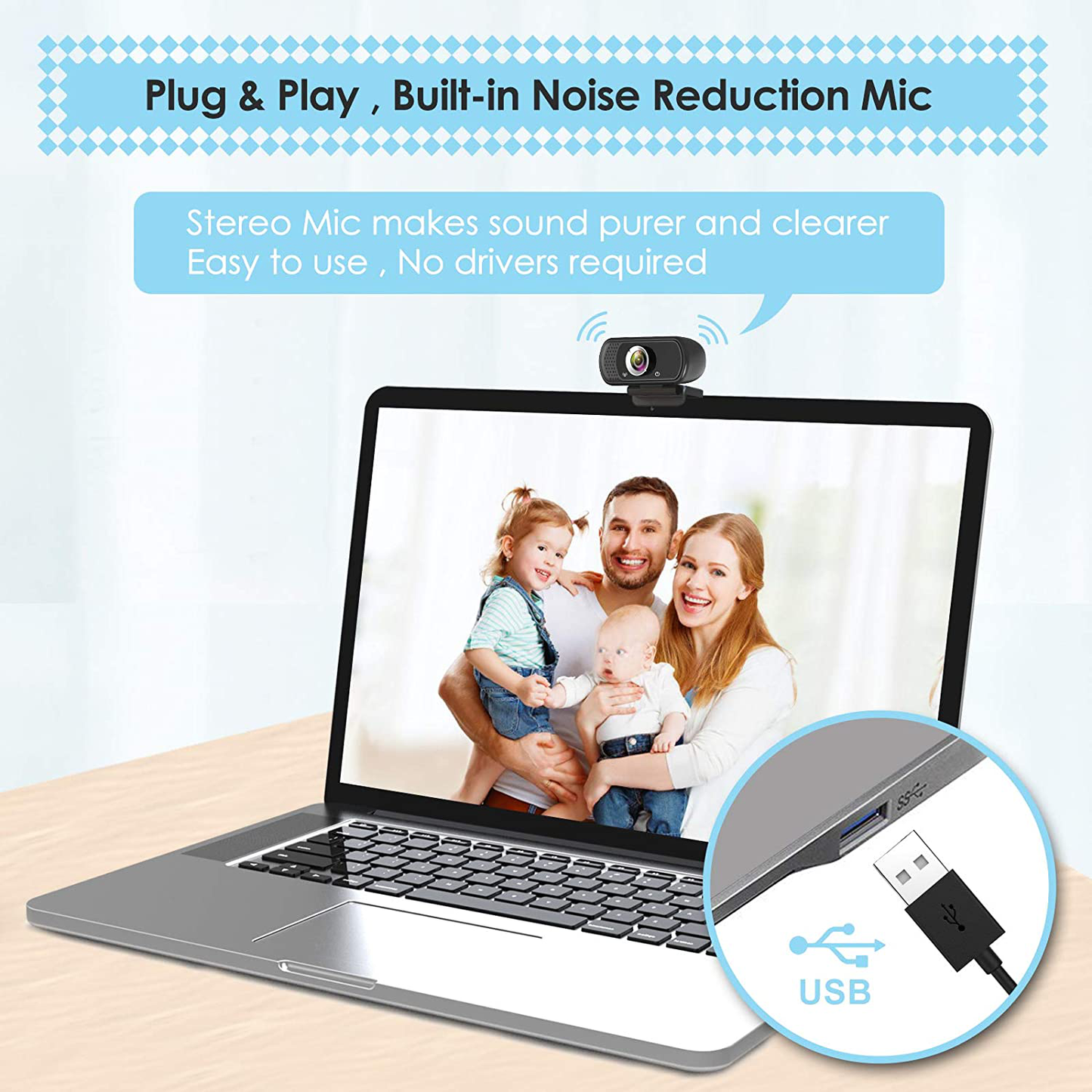 Webcam HD 1080p Web Camera, USB PC Computer Webcam with Microphone, Laptop Desktop Full HD Camera Video Webcam 110 Degree Widescreen