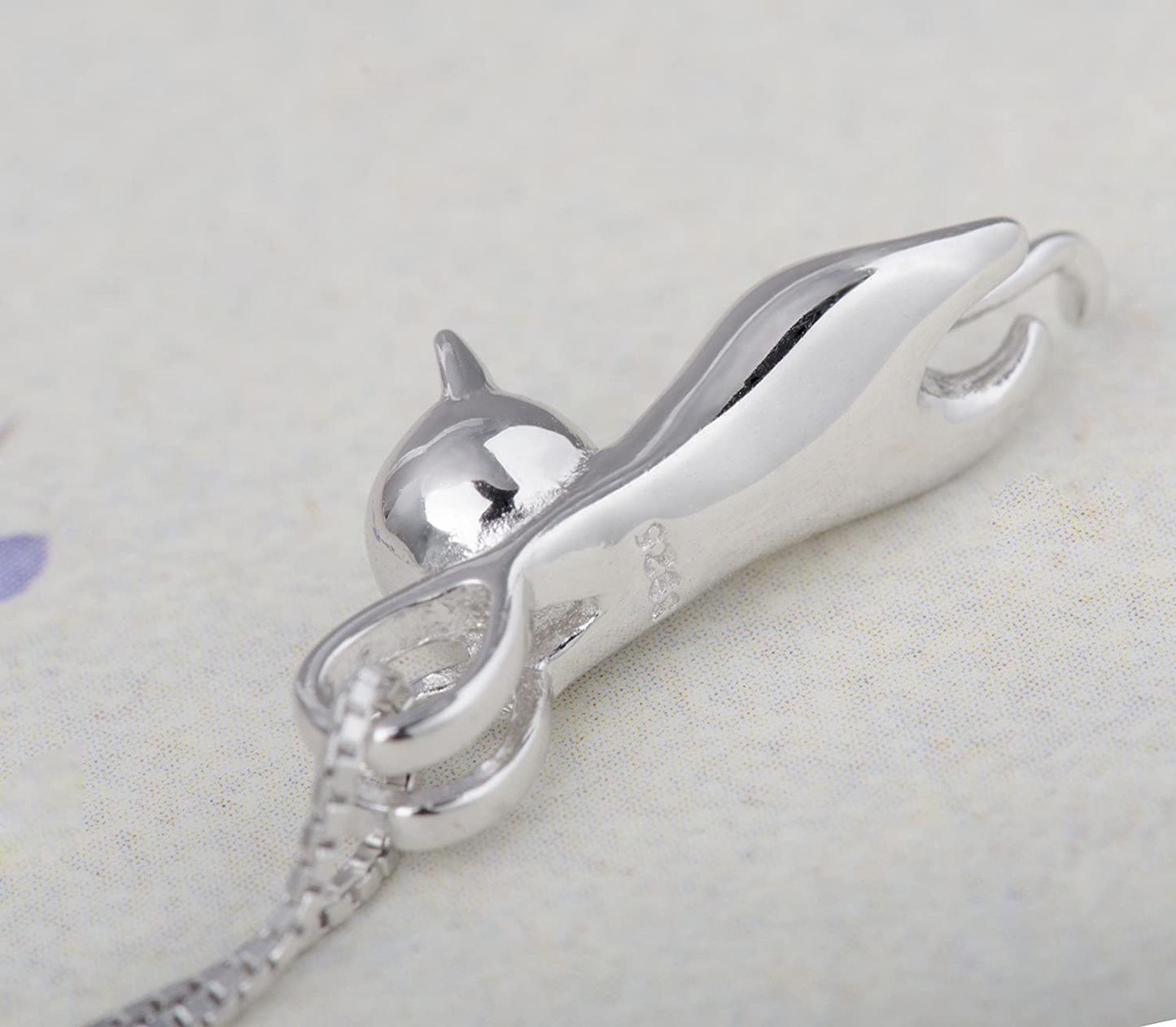 S.Leaf S925 Sterling Silver Cat Necklace Matte Silver Cat Pendant Collarbone Necklace