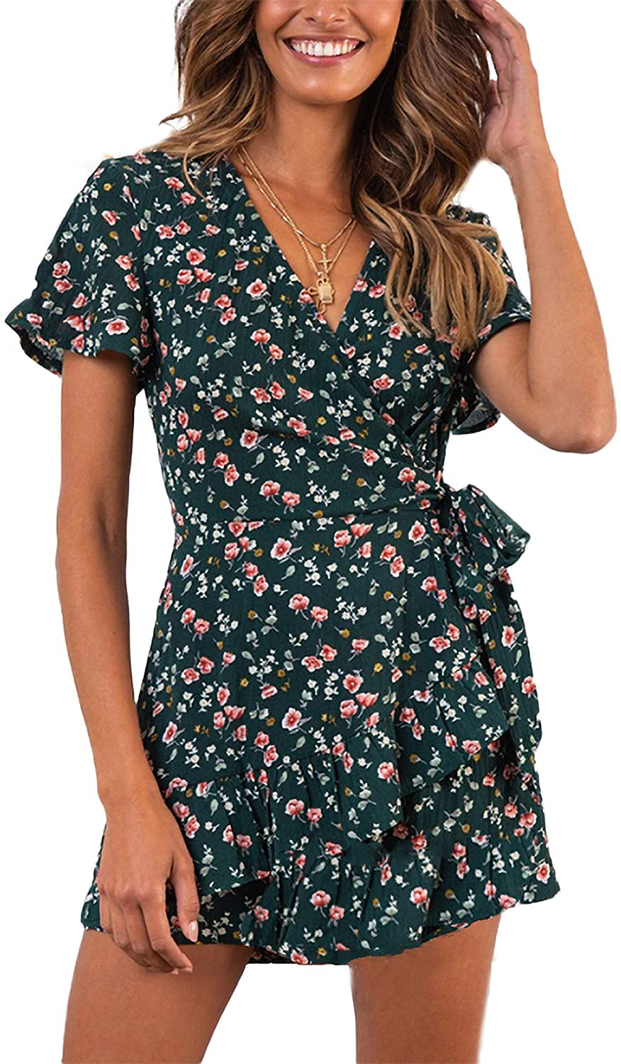 Relipop Summer Women Short Sleeve Print Dress V Neck Casual Short Dresses